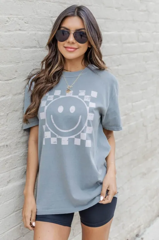 Cream Checkered Smiley Grey Graphic Tee sold by Pink Lily