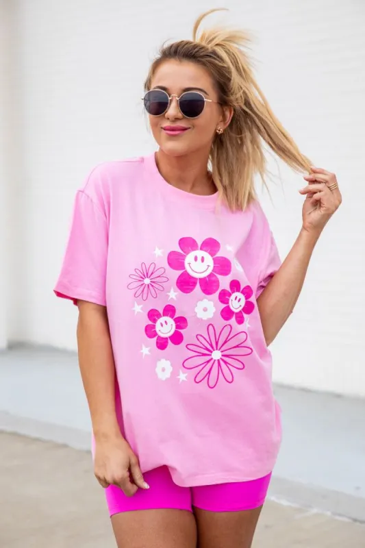 Smileys Daisy's Pink Oversized Graphic Tee sold by Pink Lily