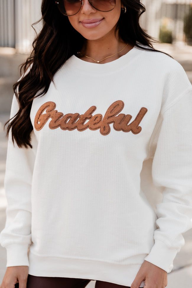 Grateful Script Chenille Patch Ivory Corded Graphic Sweatshirt FINAL SALE sold by Pink Lily product image thumbnail 4