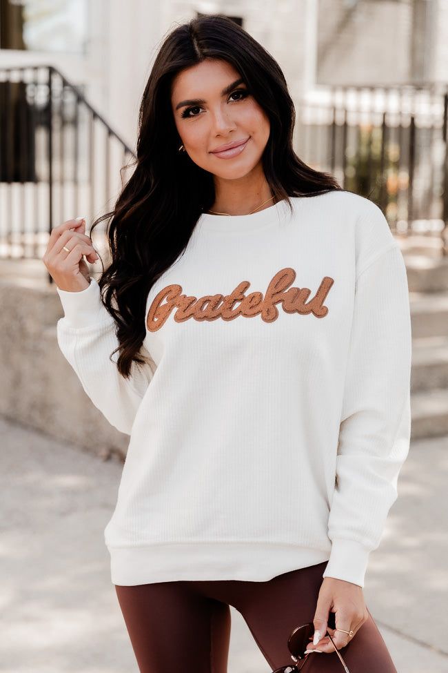 Grateful Script Chenille Patch Ivory Corded Graphic Sweatshirt FINAL SALE sold by Pink Lily product image thumbnail 2