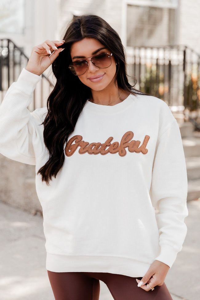 Grateful Script Chenille Patch Ivory Corded Graphic Sweatshirt FINAL SALE sold by Pink Lily product image thumbnail 3