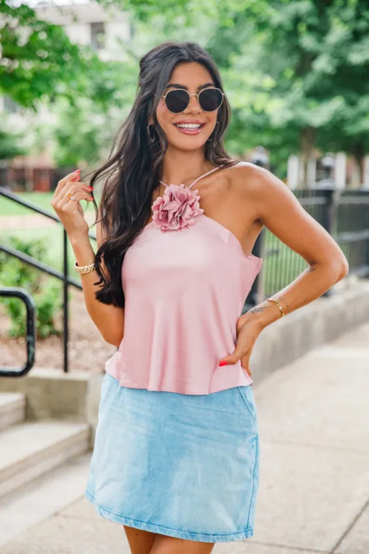 Take A Picture Dusty Pink Rosette Satin Halter Tank FINAL SALE sold by Pink Lily