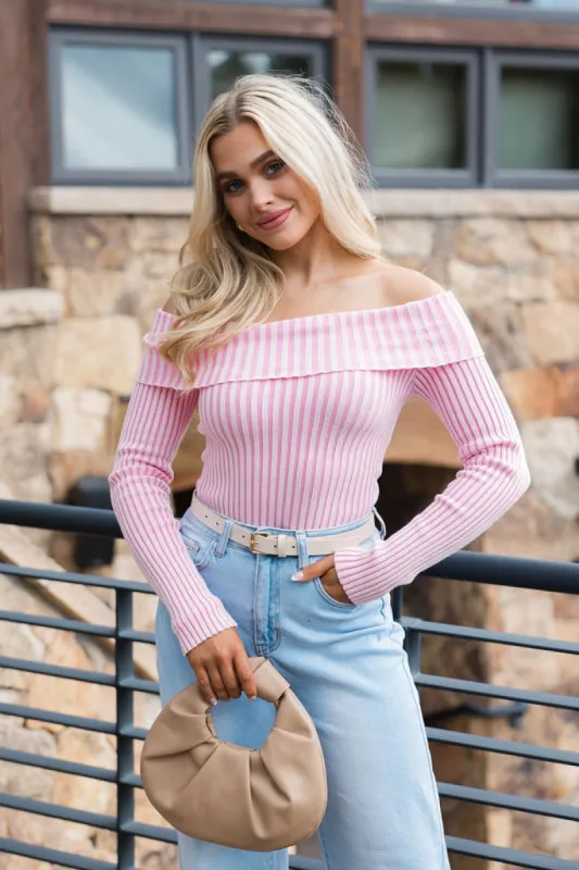 For What It Takes Pale Pink Ribbed Off The Shoulder Sweater FINAL SALE sold by Pink Lily