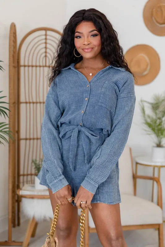 Out of Town Dark Chambray Acid Wash Romper sold by Pink Lily