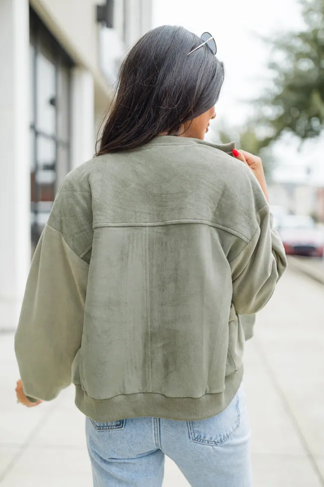 Look Out For You Olive Quilted Suede Bomber Jacket sold by Pink Lily product image thumbnail 5