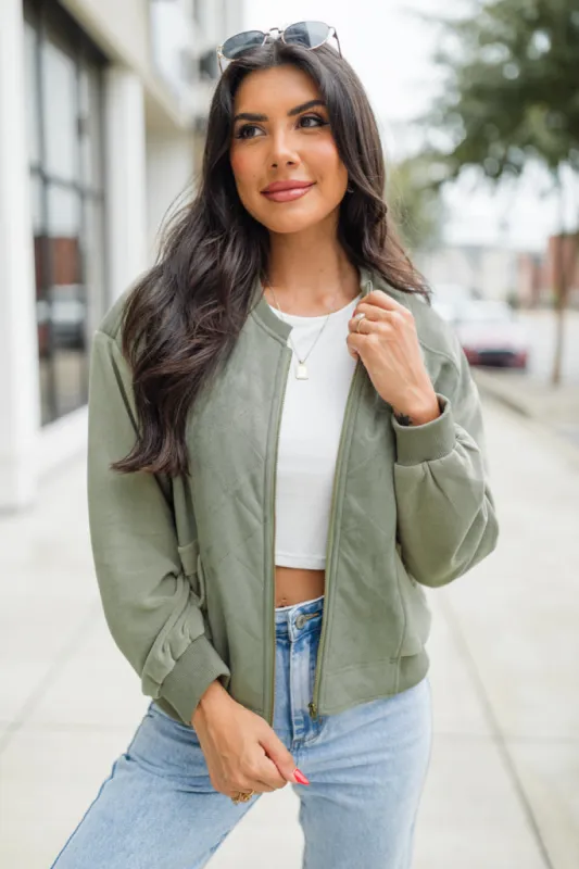 Look Out For You Olive Quilted Suede Bomber Jacket sold by Pink Lily