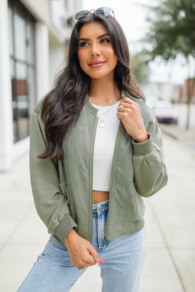 Look Out For You Olive Quilted Suede Bomber Jacket sold by Pink Lily