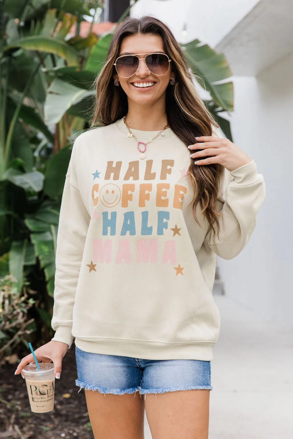 Half Coffee and Half Mama Light Tan Oversized Graphic Sweatshirt DOORBUSTER sold by Pink Lily product image thumbnail 4