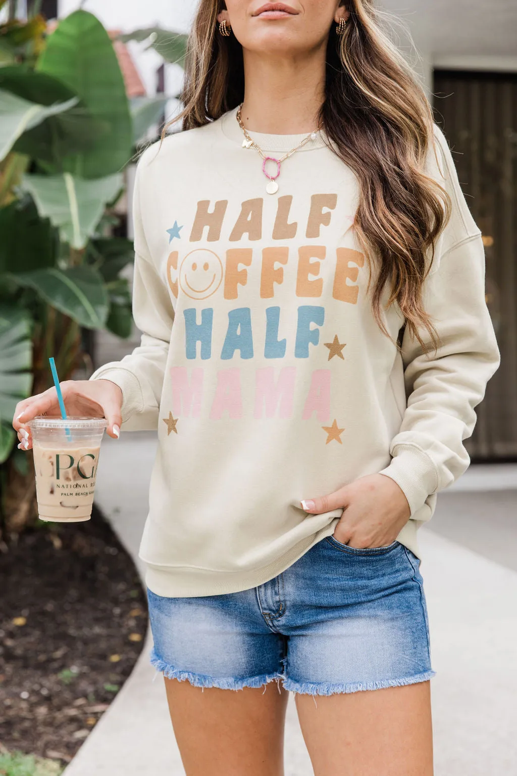 Half Coffee and Half Mama Light Tan Oversized Graphic Sweatshirt DOORBUSTER sold by Pink Lily product image thumbnail 3