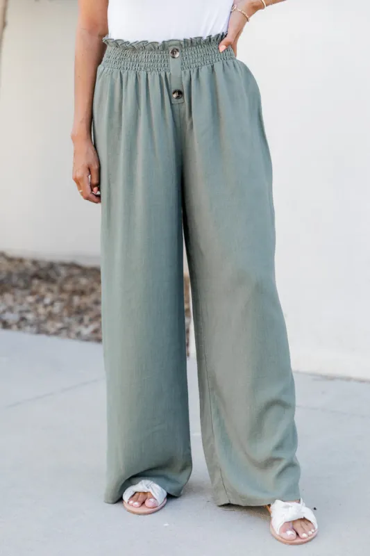 Feelings For You Olive Smocked Waist Button Front Pants FINAL SALE sold by Pink Lily