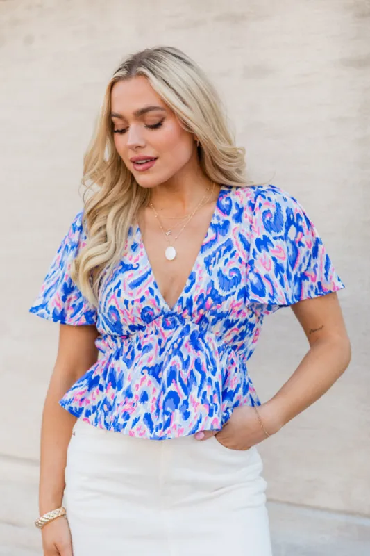 Snagged Your Attention Blue Short Sleeve Printed Top FINAL SALE sold by Pink Lily