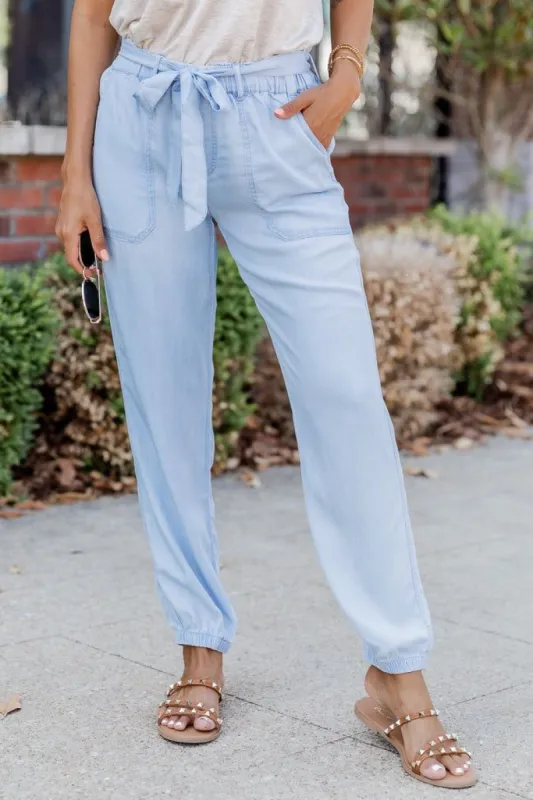 Blue Horizons Light Blue Chambray Joggers sold by Pink Lily