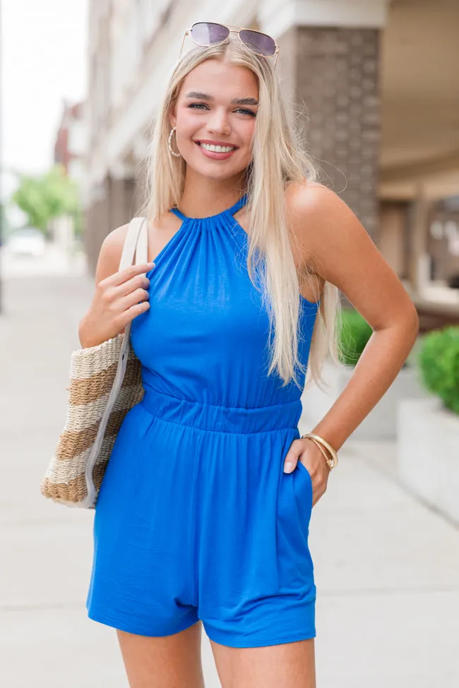 Penny for My Thoughts Royal Blue Halter Neck Romper FINAL SALE sold by Pink Lily