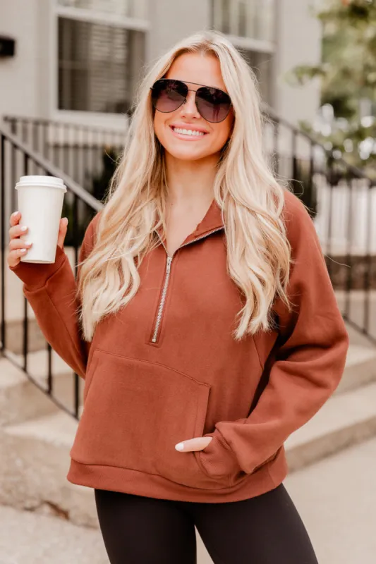 Making It Look Easy Brown Oversized Quarter Zip Pullover SALE sold by Pink Lily