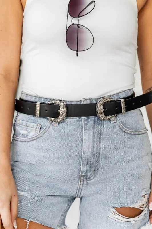 Double Trouble Black Double Buckle Belt sold by Pink Lily