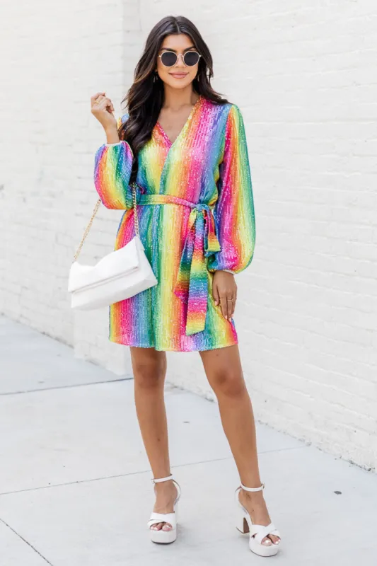 Light Up My World Rainbow Striped Sequin Mini Dress FINAL SALE sold by Pink Lily