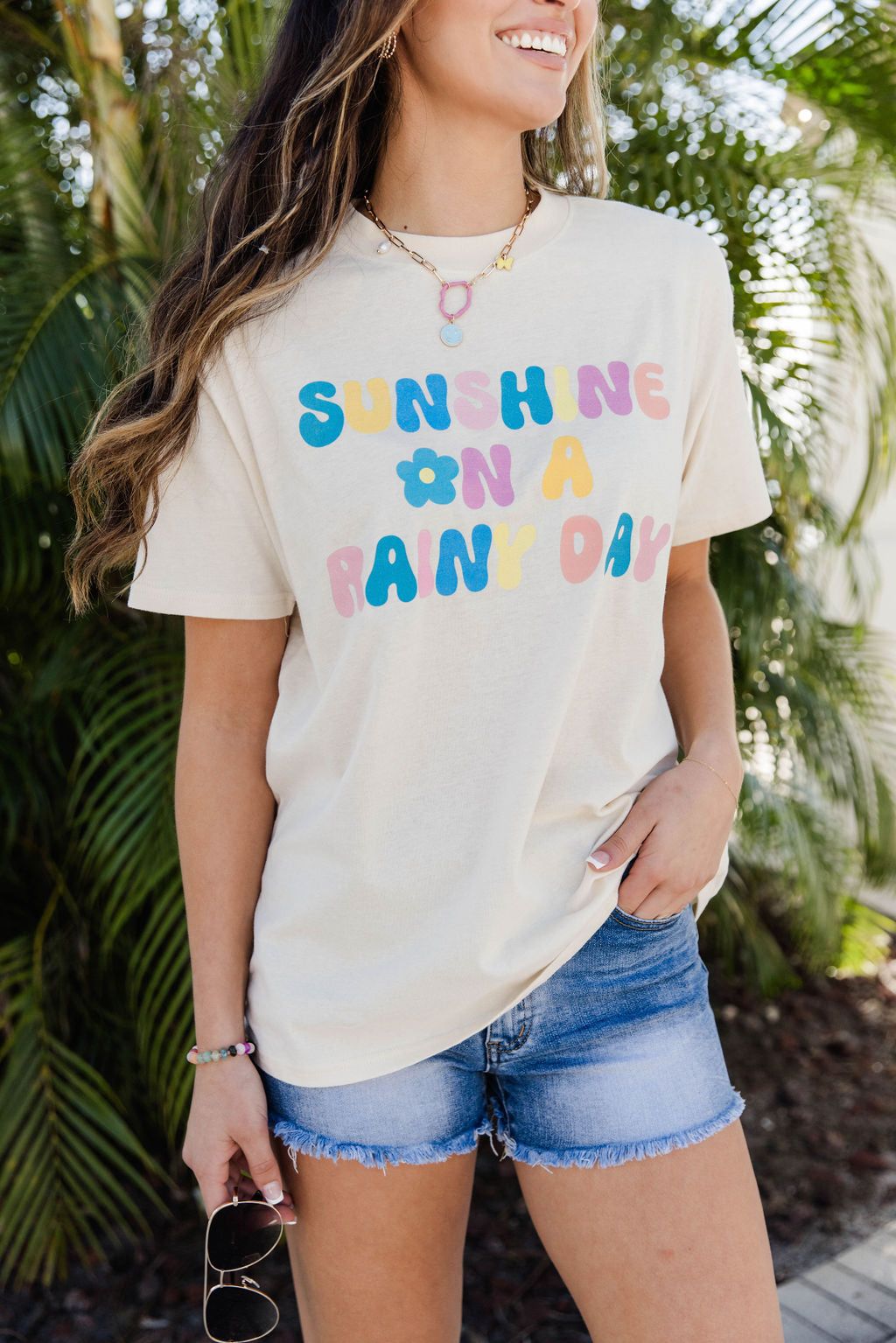 Sunshine On A Rainy Day Ivory Oversized Graphic Tee sold by Pink Lily