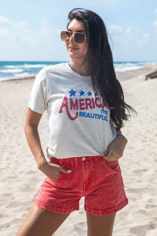 America the Beautiful Oatmeal Graphic Tee FINAL SALE made by Pink Lily
