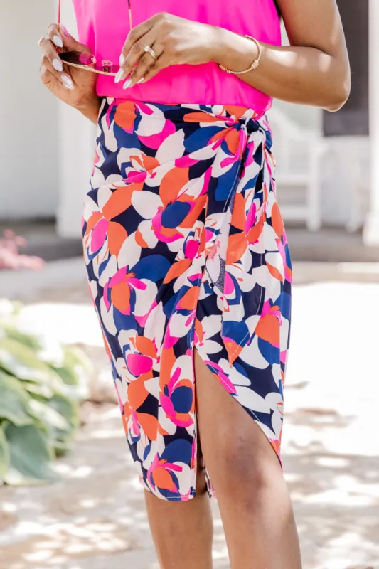 Sophisticated Beauty Navy And Pink Multi Printed Midi Skirt FINAL SALE sold by Pink Lily
