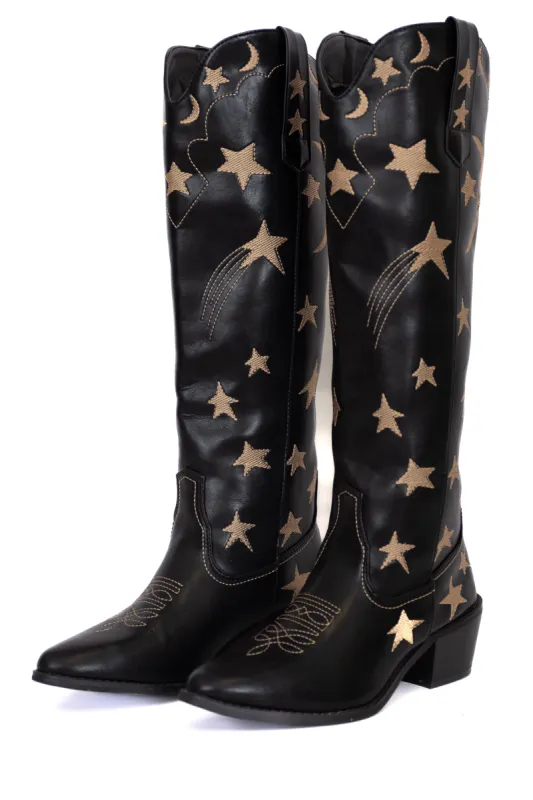 Luna Black Star and Moon Western Boot Black made by Pink Lily
