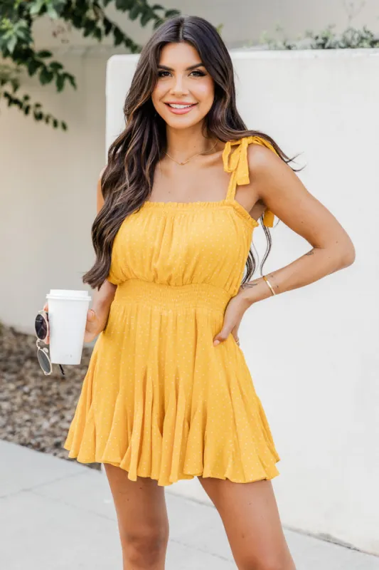 No Second Chance Yellow Polka Dot Smocked Waist Ruffle Romper FINAL SALE sold by Pink Lily