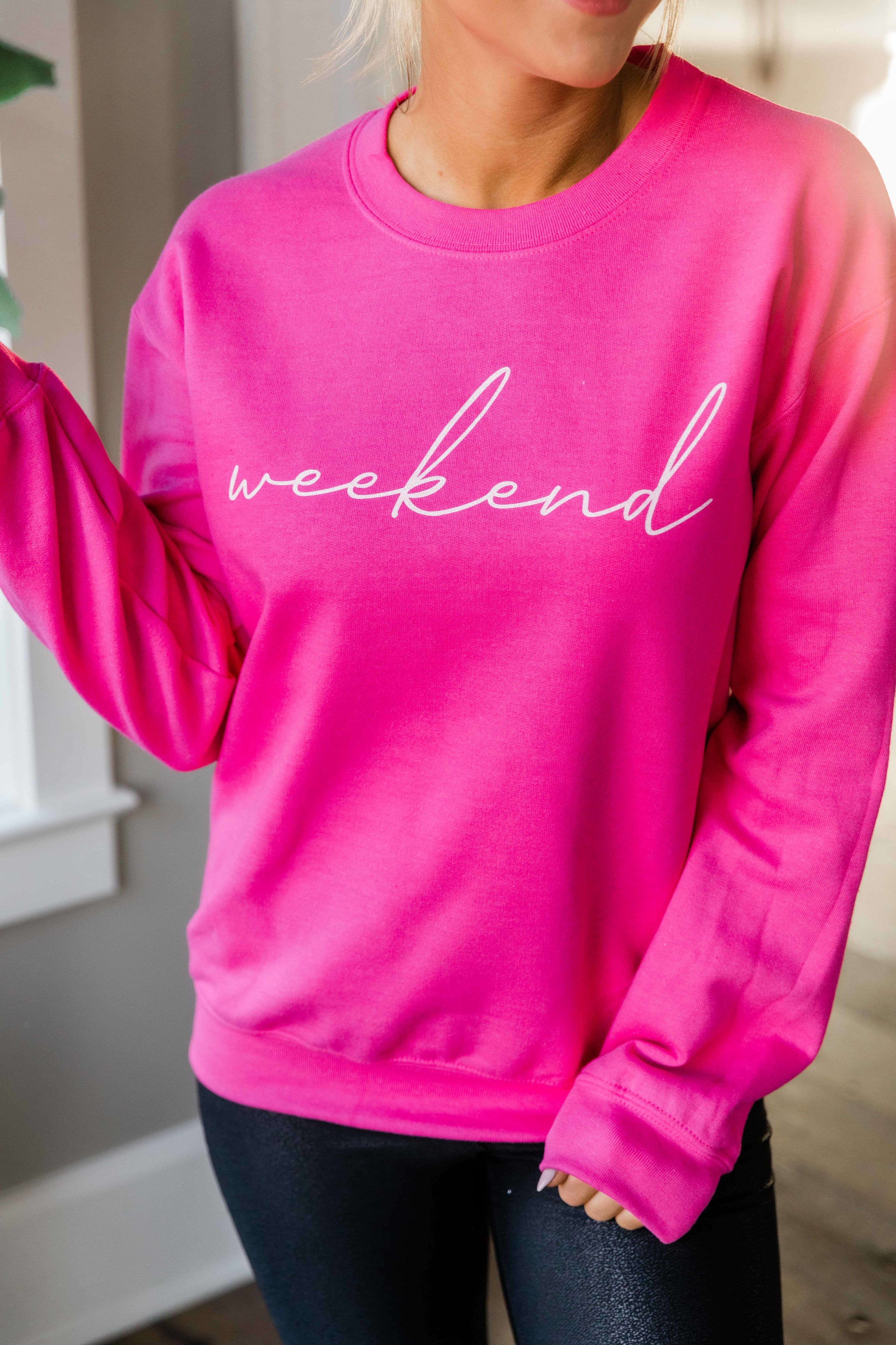 Weekend Script Hot Pink Graphic Sweatshirt sold by Pink Lily product image thumbnail 2