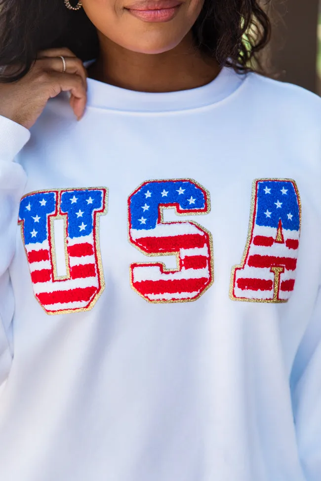 USA Flag Chenille Patch White Oversized Graphic Sweatshirt FINAL SALE sold by Pink Lily product image thumbnail 3