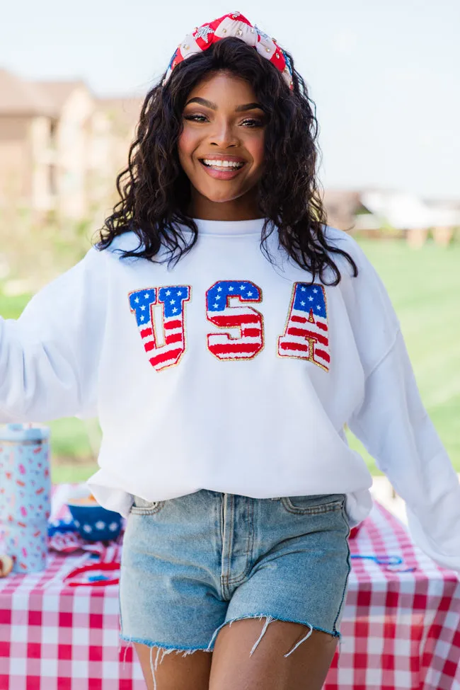 USA Flag Chenille Patch White Oversized Graphic Sweatshirt FINAL SALE sold by Pink Lily