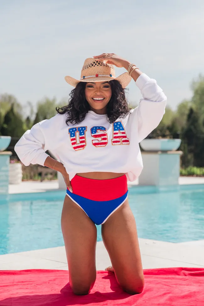 USA Flag Chenille Patch White Oversized Graphic Sweatshirt FINAL SALE sold by Pink Lily product image thumbnail 4