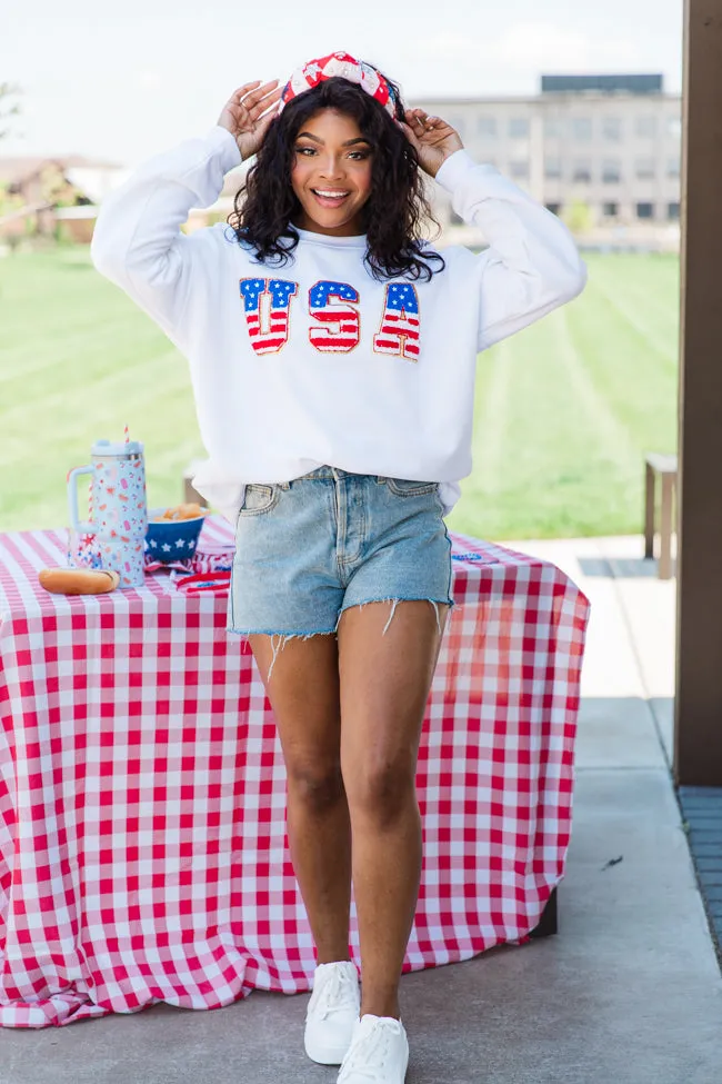 USA Flag Chenille Patch White Oversized Graphic Sweatshirt FINAL SALE sold by Pink Lily product image thumbnail 2