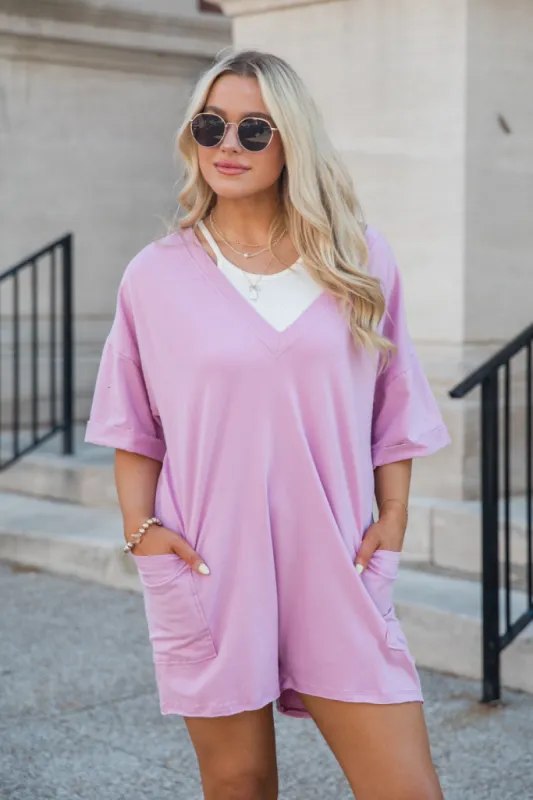 On A Daily Basis Orchid Deep V-Neck Pocketed Romper SALE sold by Pink Lily