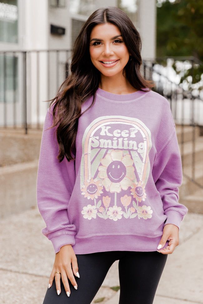 Keep Smiling Purple Corded Graphic Sweatshirt sold by Pink Lily product image thumbnail 3