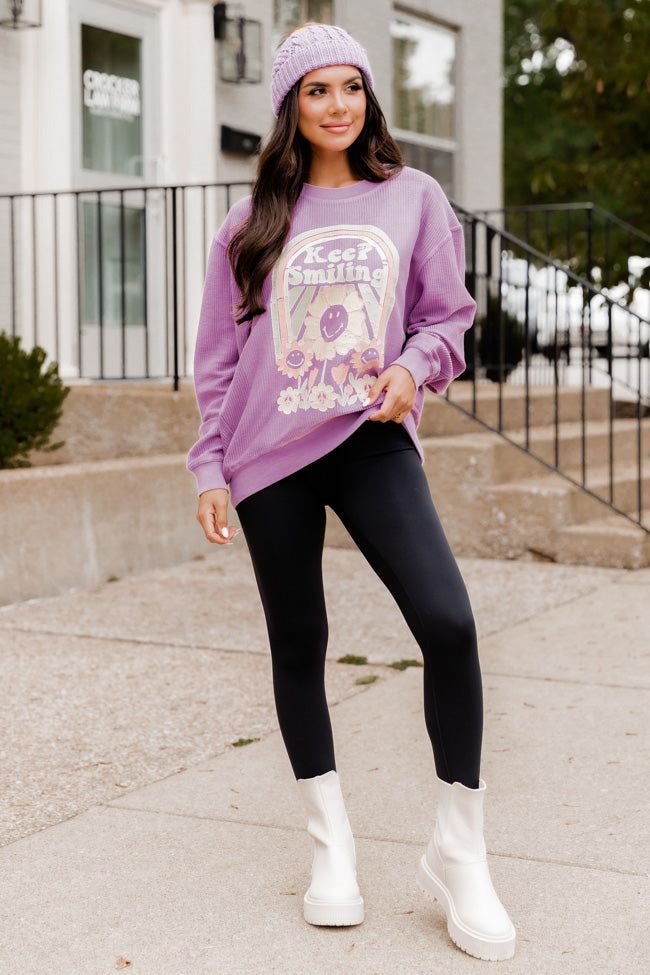 Keep Smiling Purple Corded Graphic Sweatshirt sold by Pink Lily product image thumbnail 4