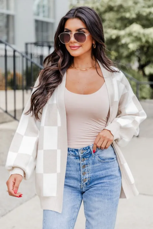 Trying Your Best Beige Checkered Cardigan sold by Pink Lily