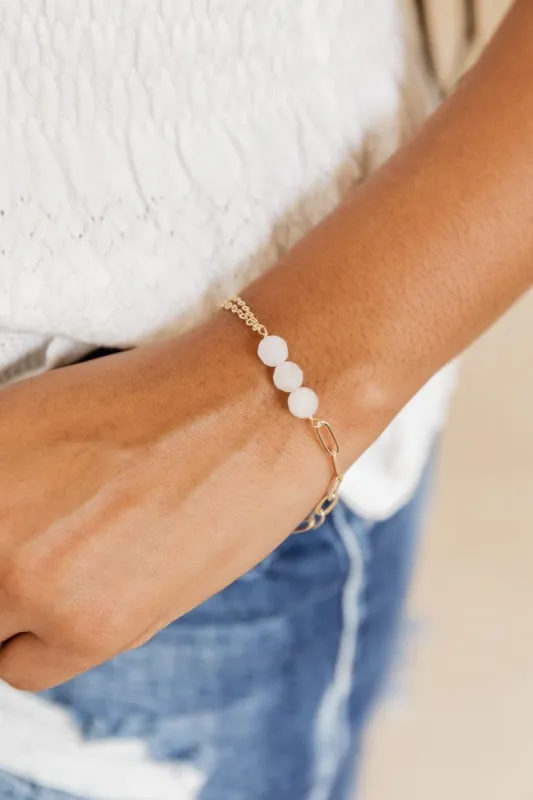 Three Sugars White and Gold Bead Link Bracelet made by Pink Lily
