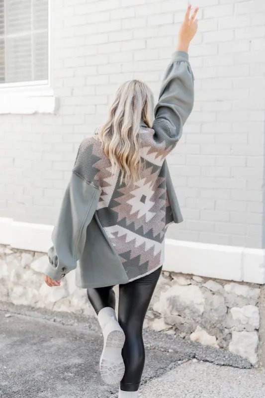A Possibility Sage Aztec Shacket sold by Pink Lily