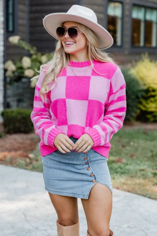 Take Responsibility Pink Chenille Checkered And Striped Sweater sold by Pink Lily