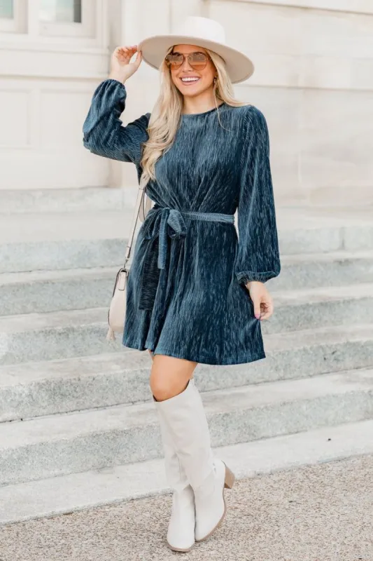In Due Time Slate Blue Textured Velvet Belted Mini Dress  FINAL SALE sold by Pink Lily