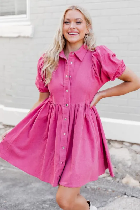Pour Your Heart Out Pink Corded Puff Sleeve Button Up Mini Dress FINAL SALE sold by Pink Lily