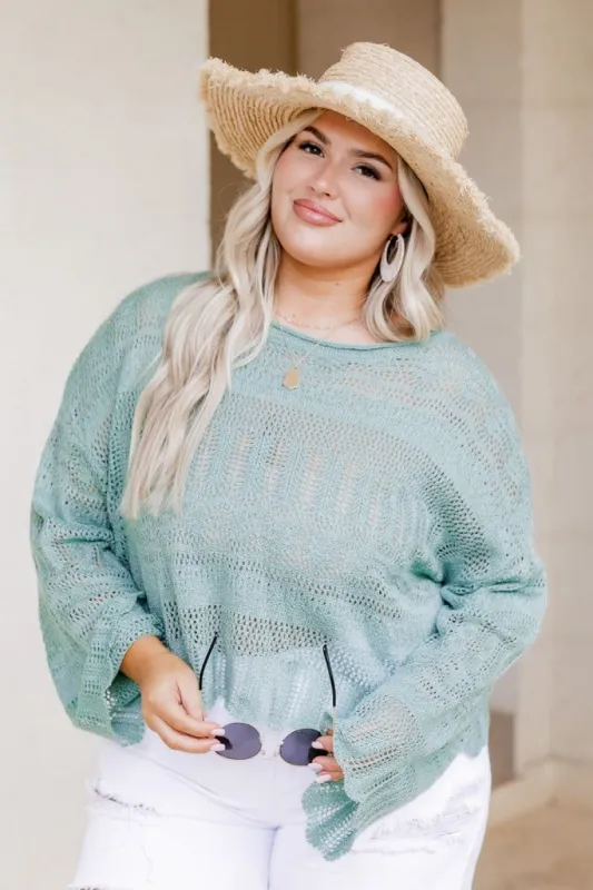 Never Been Better Sage Scalloped Hem Open Knit Crochet Sweater FINAL SALE sold by Pink Lily