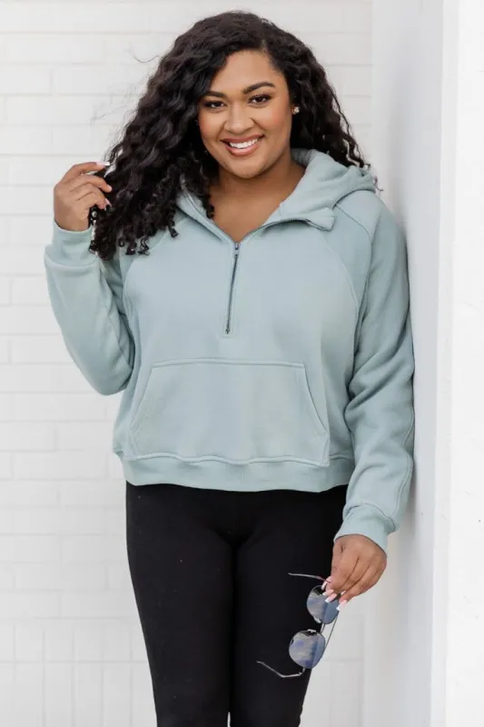 Making It Look Easy Blue Ribbed Shoulder Quarter Zip Pullover sold by Pink Lily
