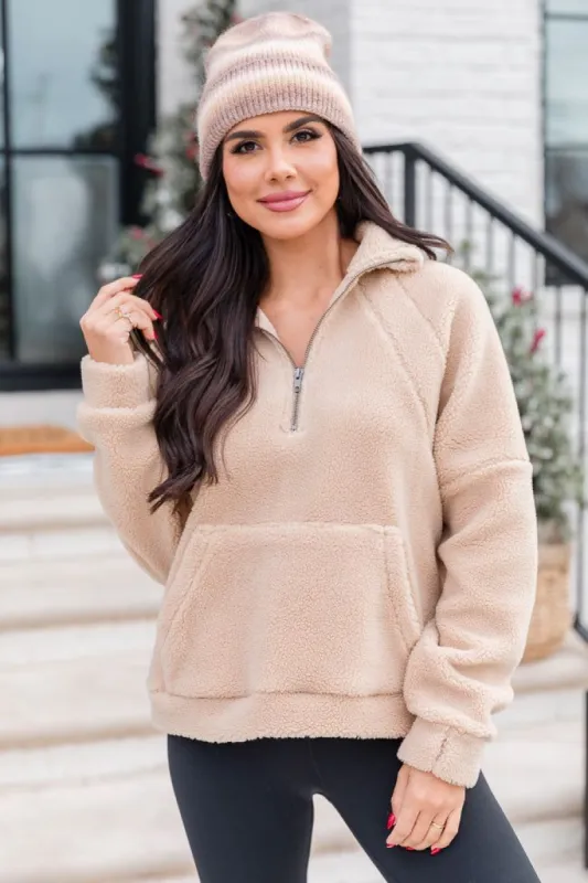 It Starts Now Tan Sherpa Quarter Zip Pullover FINAL SALE sold by Pink Lily