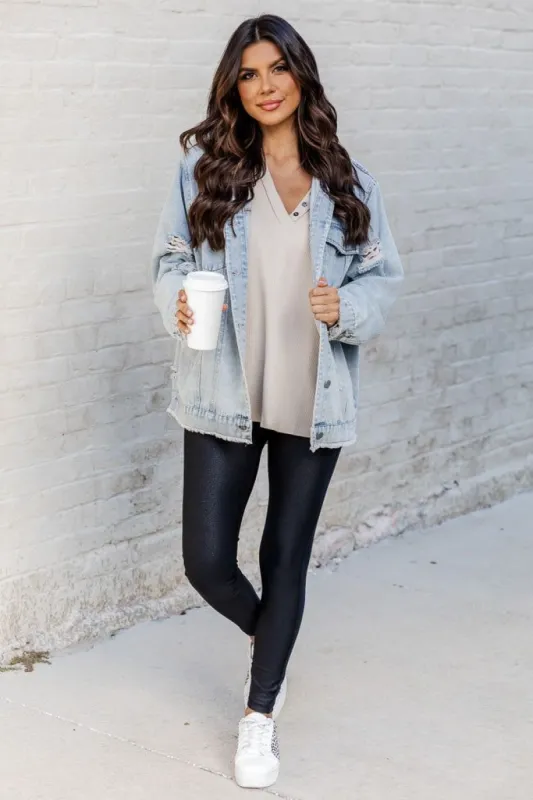 Shades Of You Oversized Distressed Denim Jacket sold by Pink Lily
