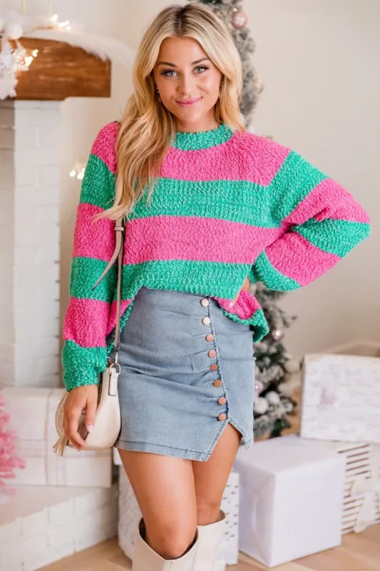 Everything Changes Pink And Green Striped Popcorn Sweater sold by Pink Lily