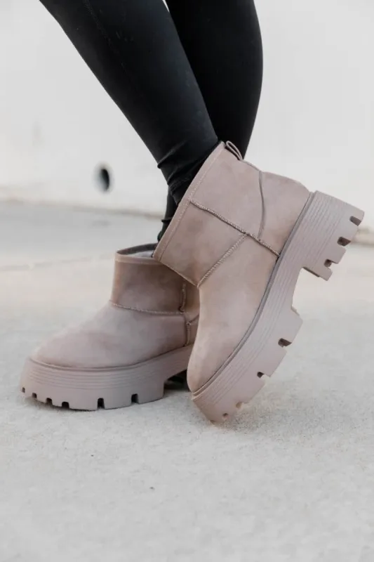 Kate Beige Suede Lug Ankle Bootie sold by Pink Lily