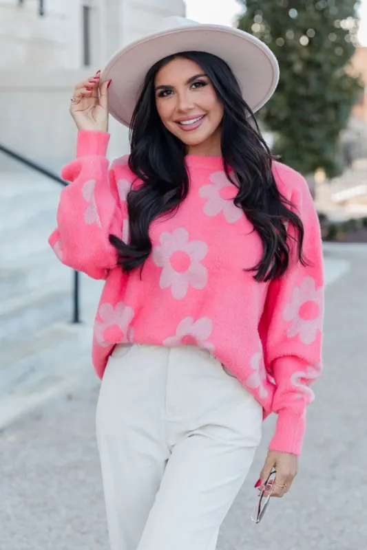 Winter Rush Coral Fuzzy Daisy Sweater sold by Pink Lily