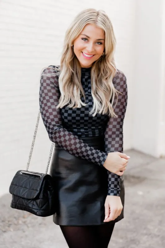 Holding Out Hope Black Mock Neck Checkered Mesh Blouse FINAL SALE made by Pink Lily