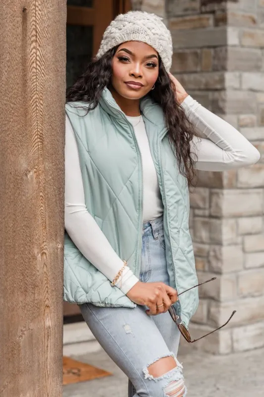 Mountainside Moment Mint Quilted Puffer Vest FINAL SALE sold by Pink Lily