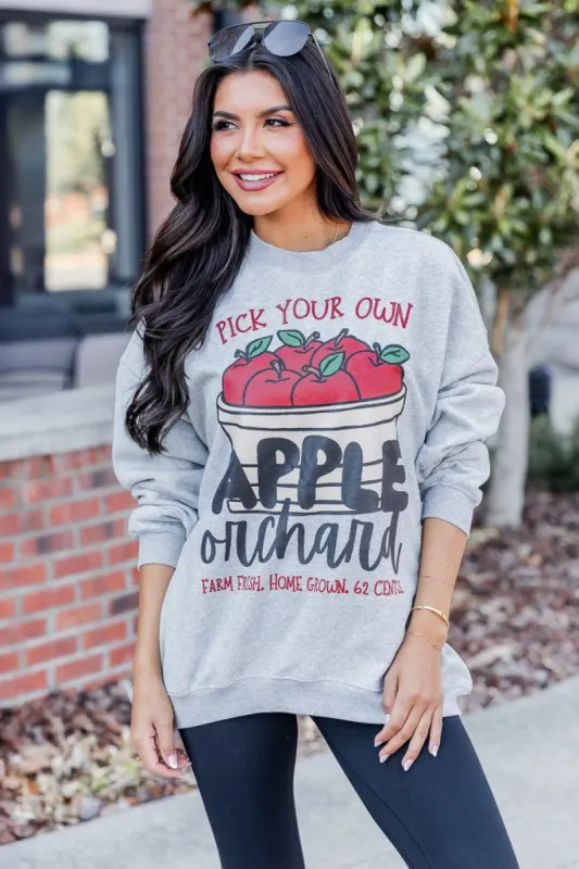 Apple Orchard Grey Oversized Graphic Sweatshirt sold by Pink Lily