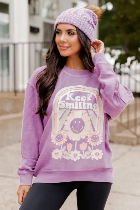 Keep Smiling Purple Corded Graphic Sweatshirt sold by Pink Lily